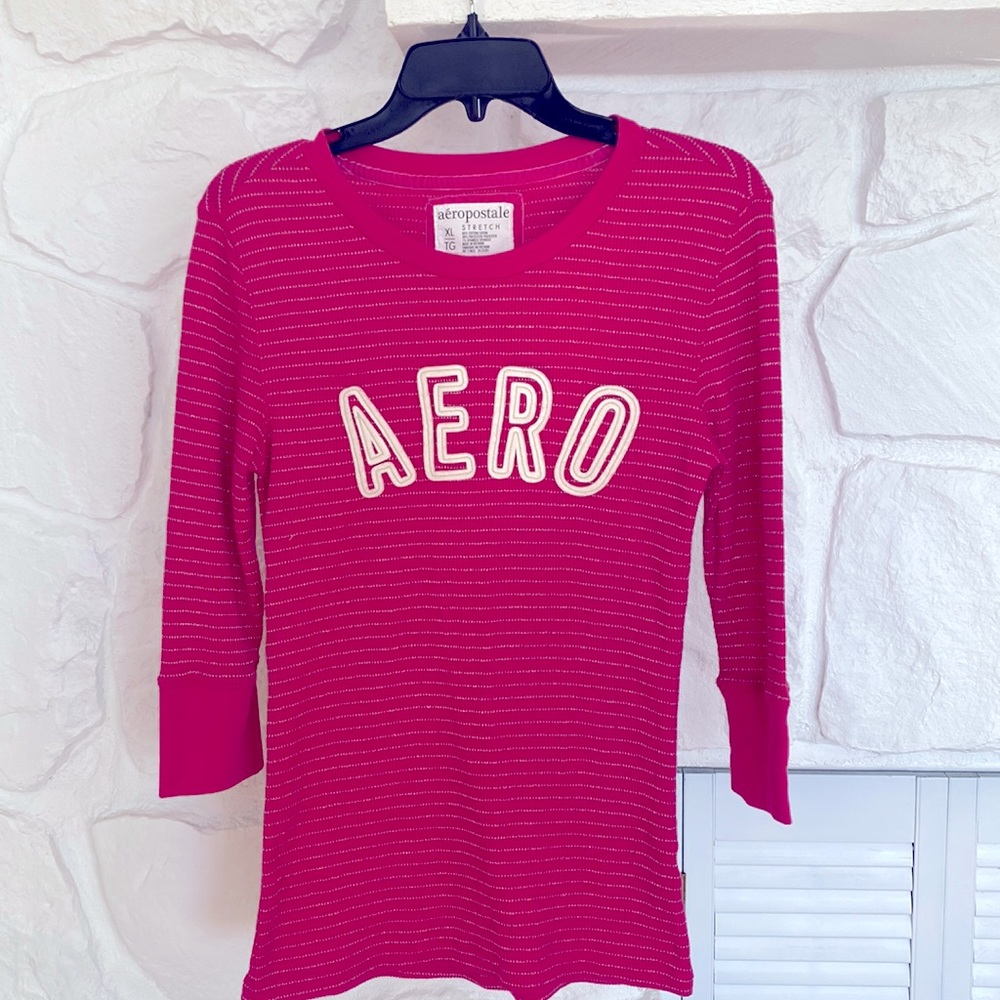 Aeropostale Stretch XL Juniors Hot Pink and silver striped 3/4 sleeve W/ AERO - Picture 1 of 12